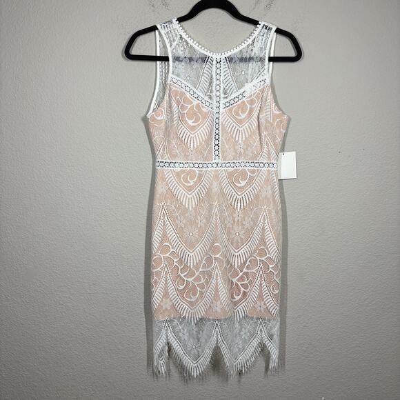 Lush Size Small Lace Bodycon Dress Ivory Nylon Fringe Handkerchief Hem - Picture 2 of 12